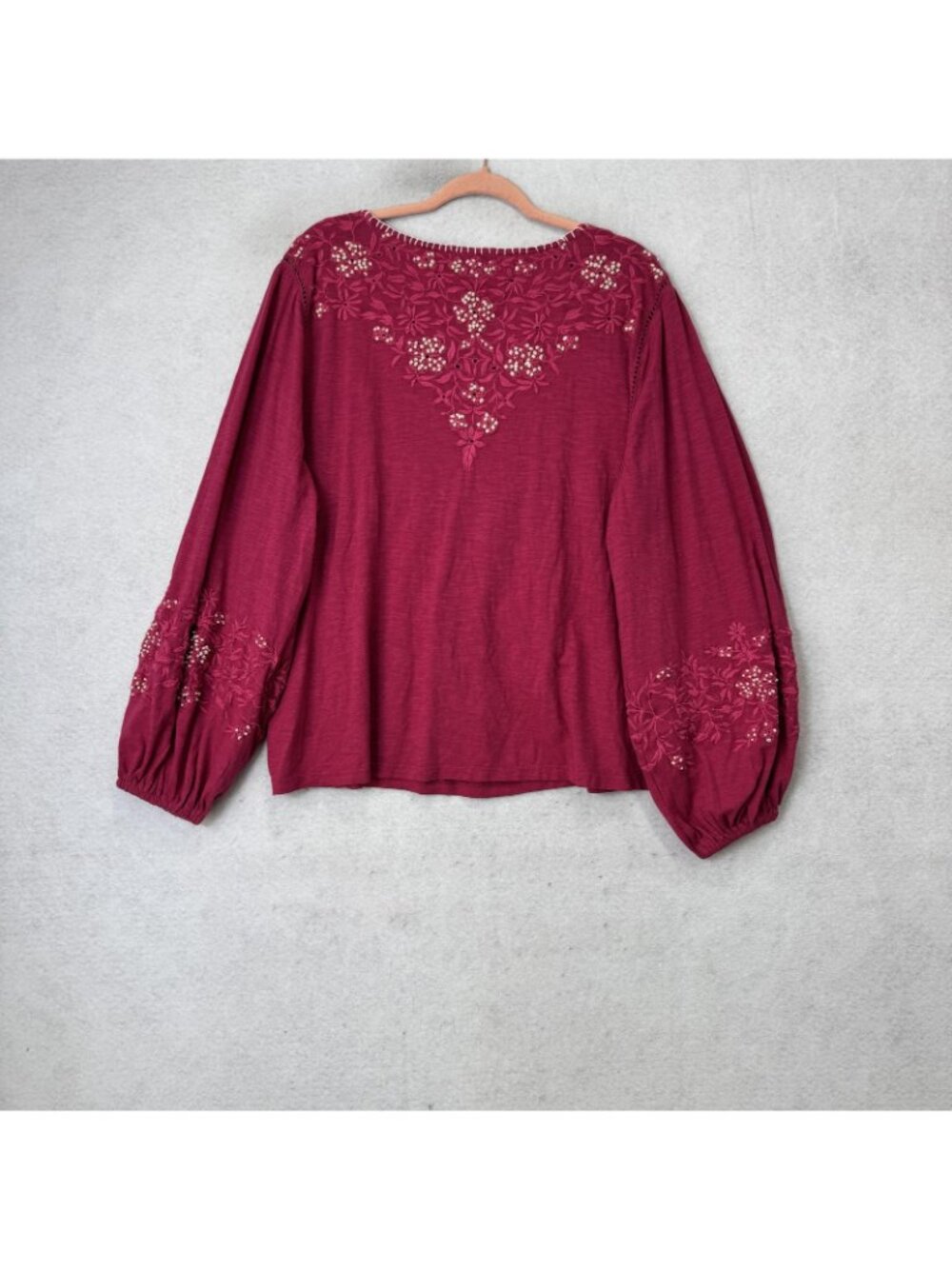 Sundance Blouse Womens XXL Red Embroidered V Neck Balloon Sleeve Tunic Top - Picture 6 of 8